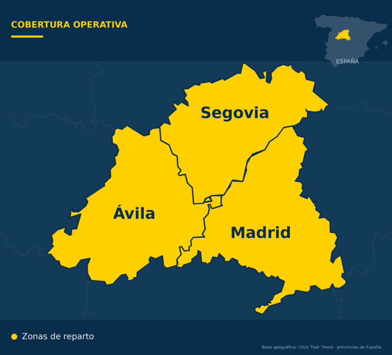 Zonas de reparto de UCELOG Logistic Mapa de las zonas de reparto de UCELOG Logistic: Madrid, Segovia y Ávila, destacadas en amarillo.